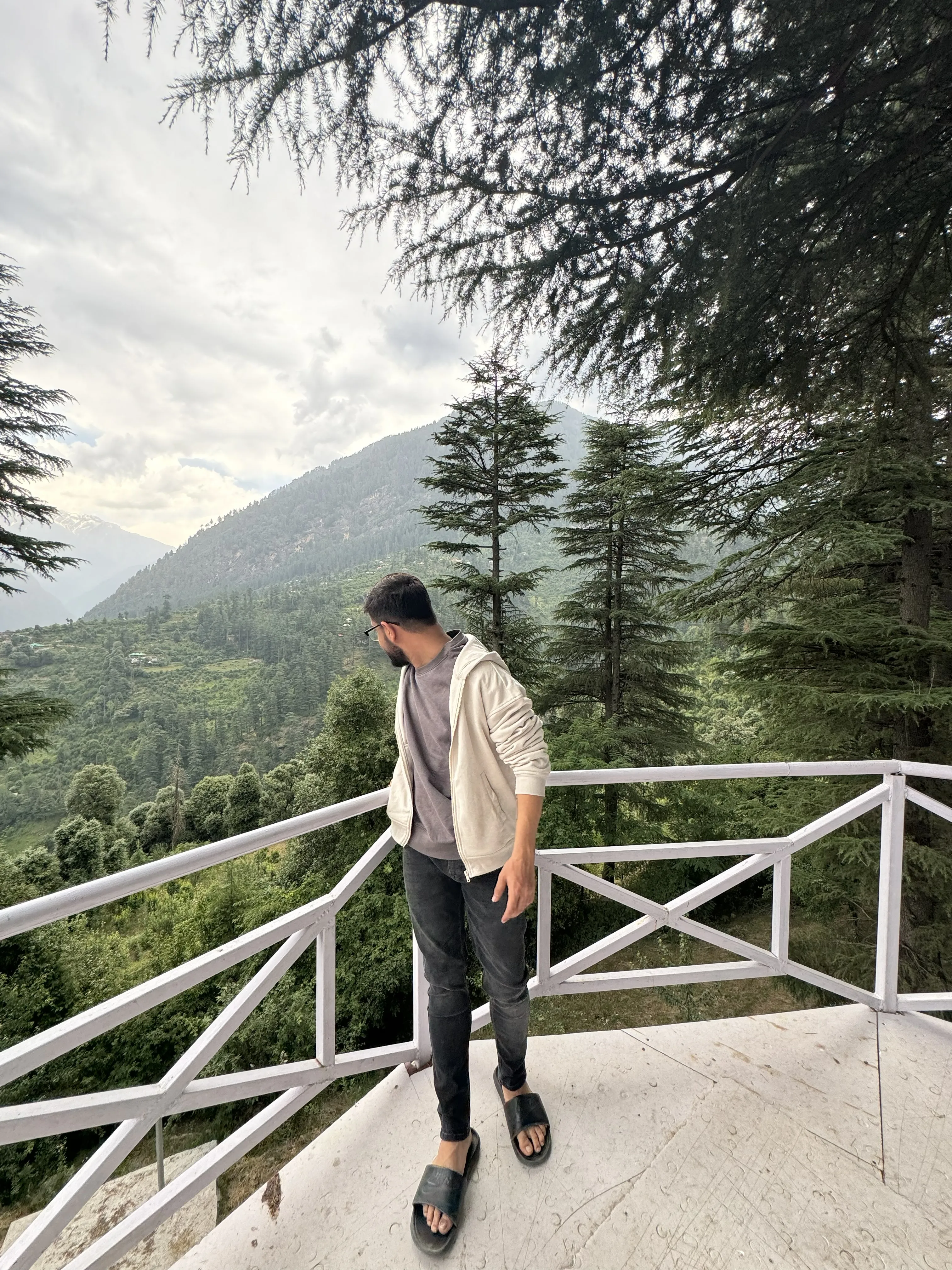 On a wooden deck above the deodar pines