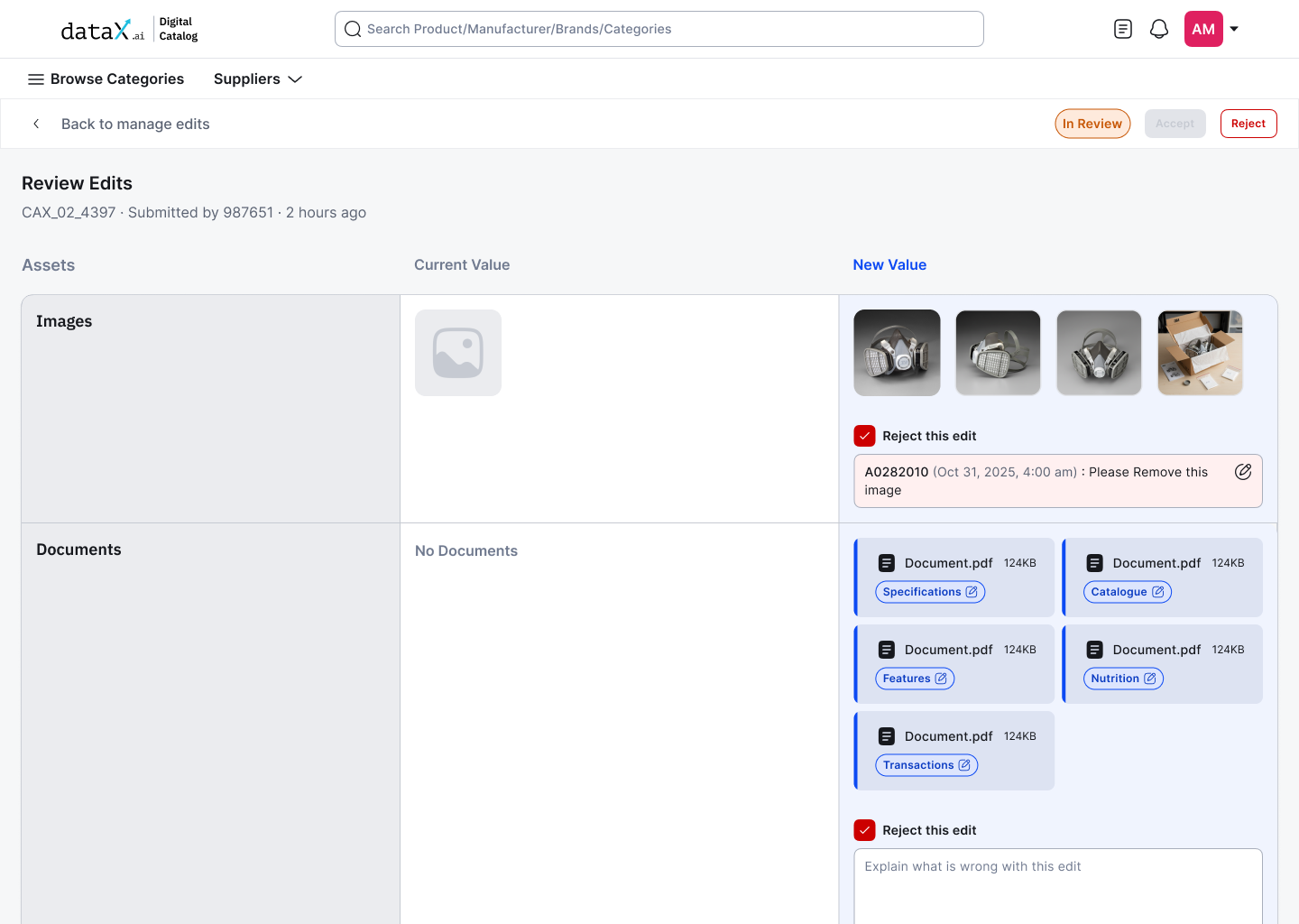 Field-level rejection, comment box reveals on checkbox, specific feedback per attribute