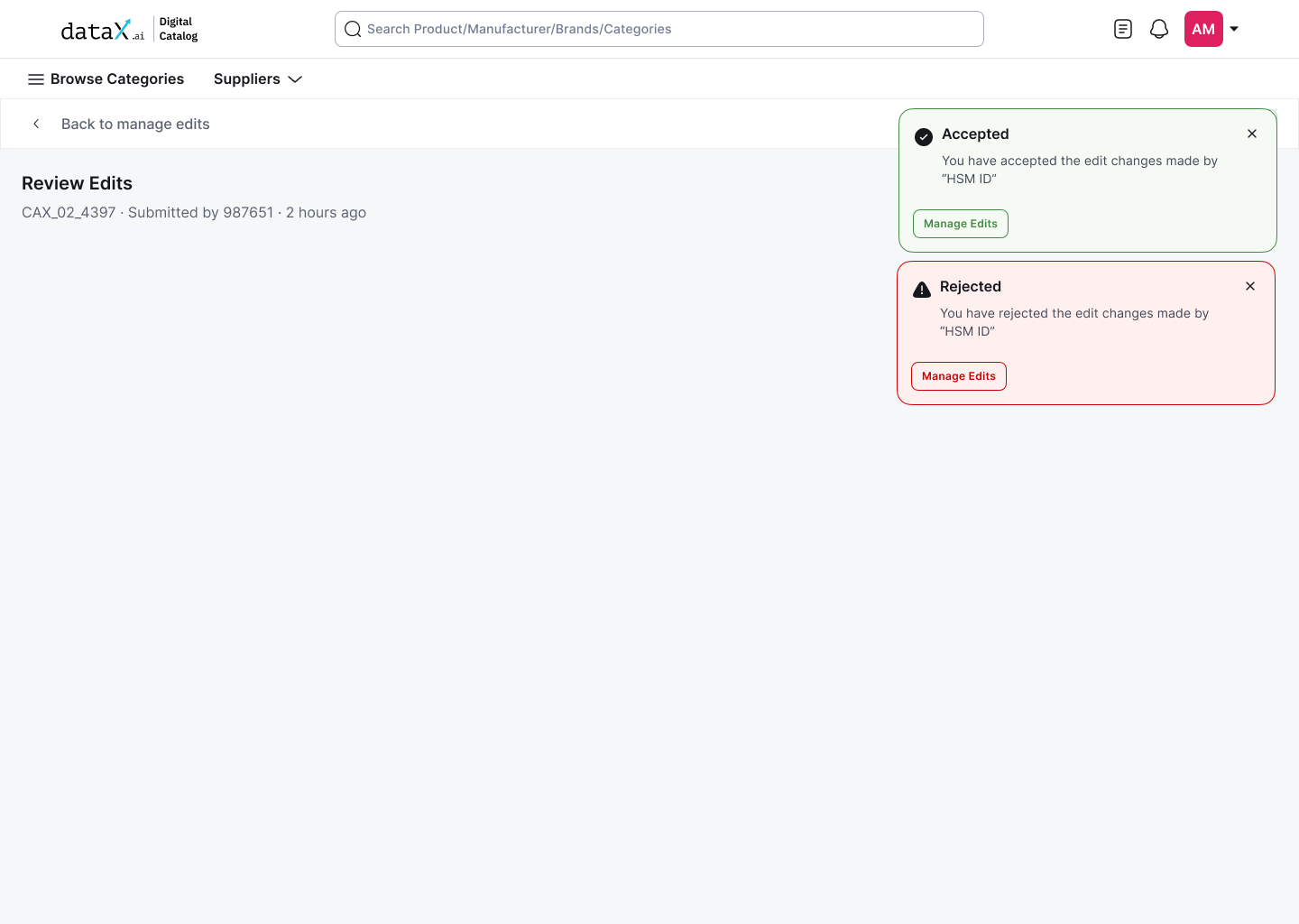 Accepted and Rejected confirmation states, clear outcome, Manage Edits CTA