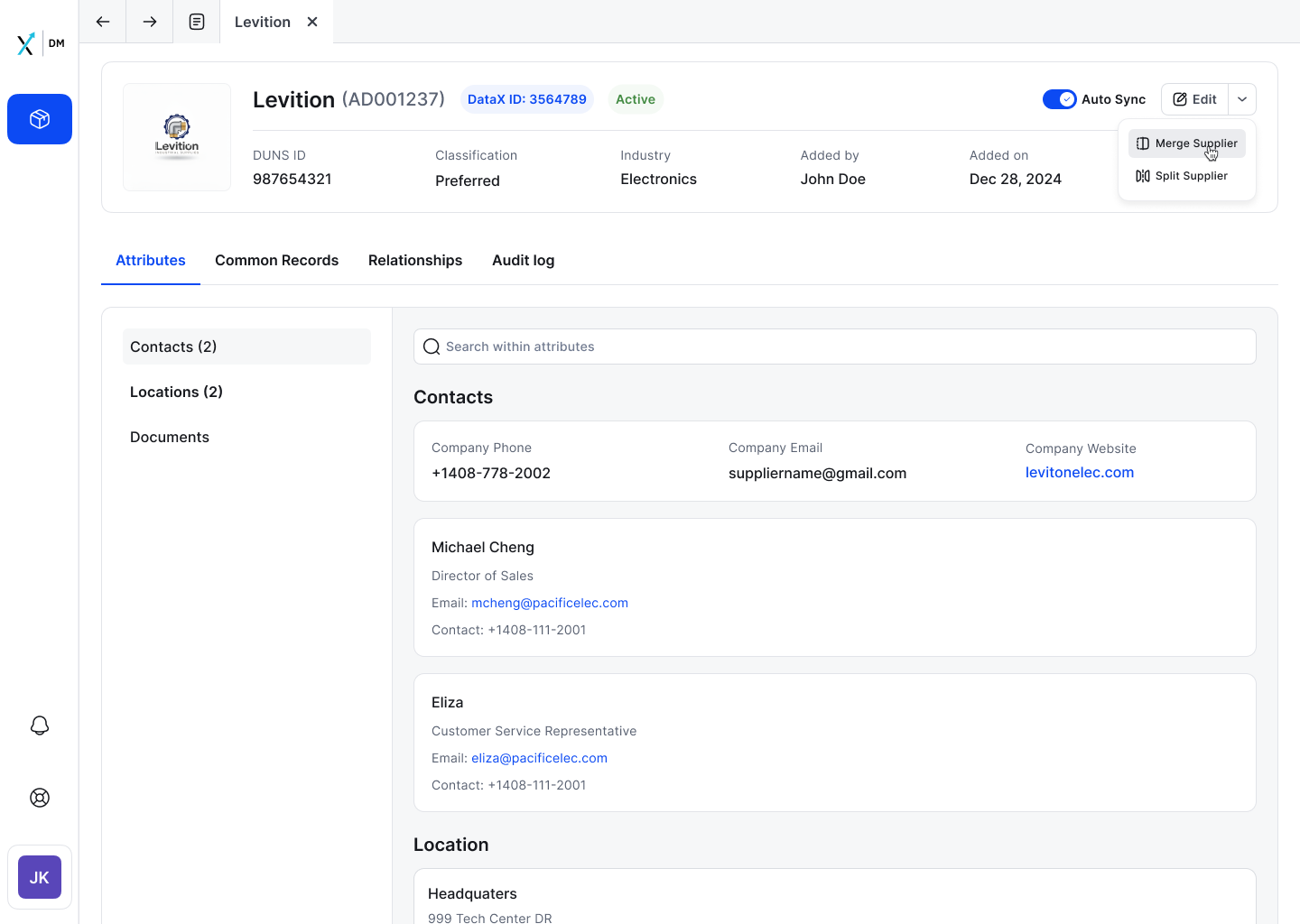 Merge triggered from the supplier page, source supplier pre-filled
